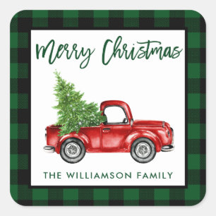 Brush Script Truck Christmas Green Plaid Square Sticker