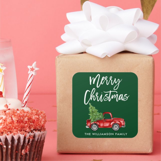 Brush Script Truck Christmas Green Square Sticker (Party)