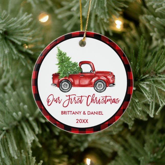 Brush Script Truck First Christmas Red Plaid Ceramic Ornament (Tree)