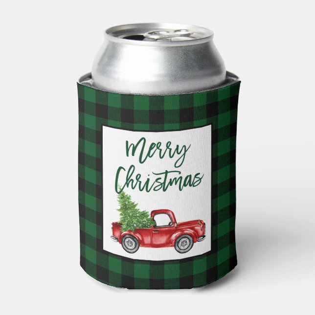 Brush Script Truck Green Plaid Christmas Can Cooler (Can Front)