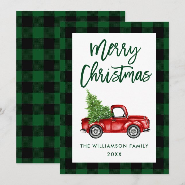 Brush Script Truck Green Plaid Christmas Card (Front/Back)