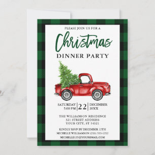 Brush Script Truck Green Plaid Christmas Dinner Invitation