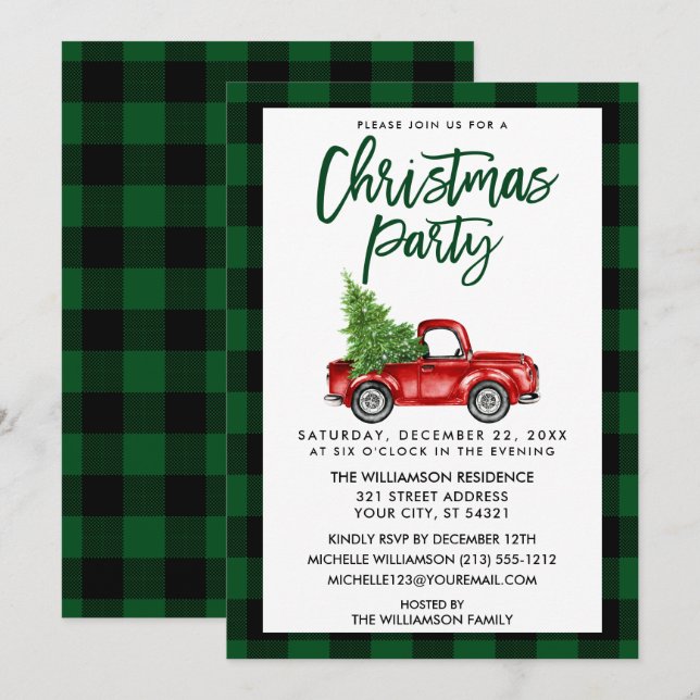 Brush Script Truck Green Plaid Christmas Party Invitation (Front/Back)