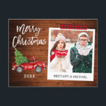 Brush Script Truck Instant Photo Tape Christmas Postcard<br><div class="desc">Modern Brush Script,  Watercolor Vintage Red Truck with Christmas Tree,  Instant Camera Style Photo Merry Christmas Postcard - Rustic Wood and Red Plaid Craft Tape</div>
