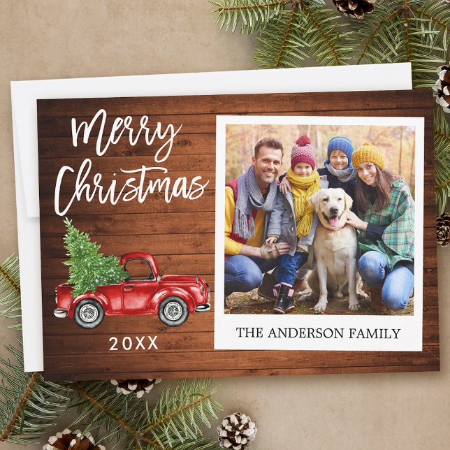 Brush Script Truck Instant Photo Wood Christmas Holiday Card (Customize to add text to back of card.)