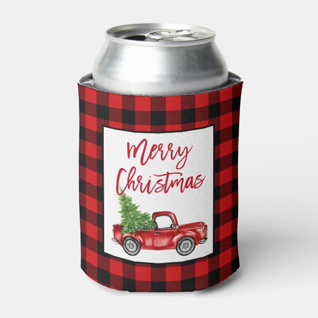 Brush Script Truck Red Plaid Christmas Can Cooler (Can Front)