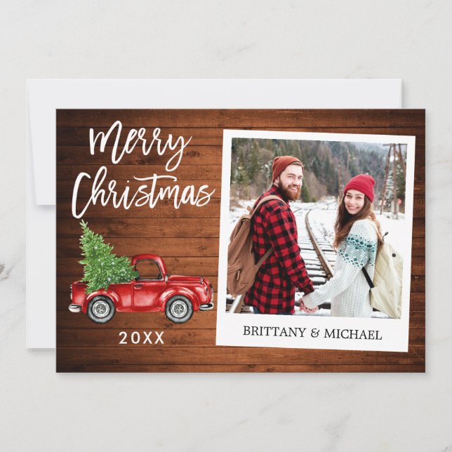 Brush Script Truck Wood Instant Photo Christmas Holiday Card (Front)