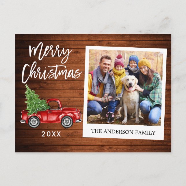 Brush Script Truck Wood Instant Photo Christmas Postcard (Front)