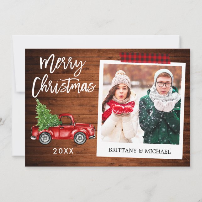 Brush Script Truck Wood Instant Photo Craft Tape Holiday Card (Front)