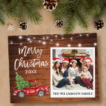 Brush Script Truck Wood Vintage Photo Christmas Postcard<br><div class="desc">Modern Brush Script,  Watercolor Vintage Red Truck with Christmas Tree,  Instant Camera Style Photo Merry Christmas Postcard - Rustic Wood and String Lights</div>