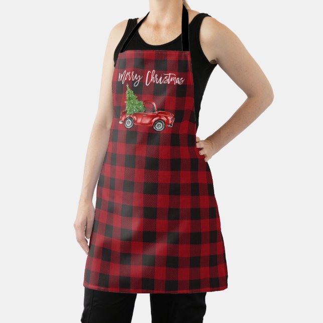 Brush Script Vintage Red Truck Christmas Plaid Apron (Insitu)