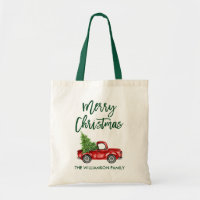 Brush Script Vintage Red Truck Green Christmas