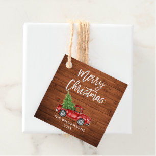 Brush Script Vintage Red Truck Wood Christmas Favour Tags
