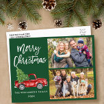 Brush Script Vintage Truck 2 Photo Christmas Green Postcard<br><div class="desc">Modern Brush Script Watercolor Vintage Red Truck with Christmas Tree - Merry Christmas Family 2 Photo Green Postcard</div>