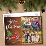 Brush Script Vintage Truck 2 Photo Christmas Wood Postcard<br><div class="desc">Modern Brush Script Watercolor Vintage Red Truck with Christmas Tree - Merry Christmas Family 2 Photo Postcard - Rustic Country Wood</div>