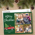 Brush Script Vintage Truck 3 Photo Christmas Green Postcard<br><div class="desc">Modern Green Brush Script Watercolor Vintage Red Truck with Christmas Tree - Merry Christmas Family 3 Photo Green Postcard</div>