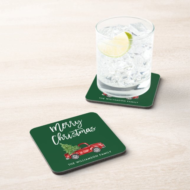 Brush Script Vintage Truck Christmas Tree Green Coaster (Right Side)