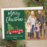 Brush Script Vintage Truck Photo Christmas Green Holiday Card<br><div class="desc">Modern Brush Script Watercolor Vintage Red Truck with Christmas Tree - Merry Christmas Family Green Photo Card</div>