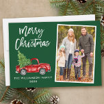 Brush Script Vintage Truck Photo Christmas Green Holiday Card<br><div class="desc">Modern Brush Script Watercolor Vintage Red Truck with Christmas Tree - Merry Christmas Family Photo Green Holiday Card</div>