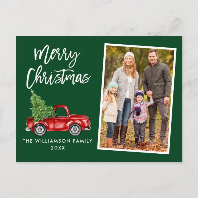 Brush Script Vintage Truck Photo Christmas Green Postcard (Front)