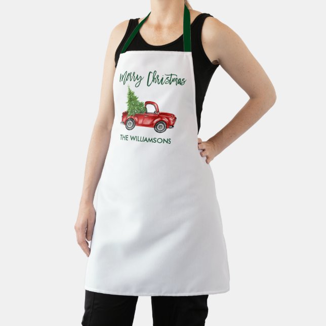 Brush Script Vintage Truck with Christmas Tree Apron (Insitu)