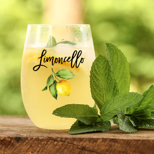 Brush Script Watercolor Lemon Limoncello Stemless Wine Glass