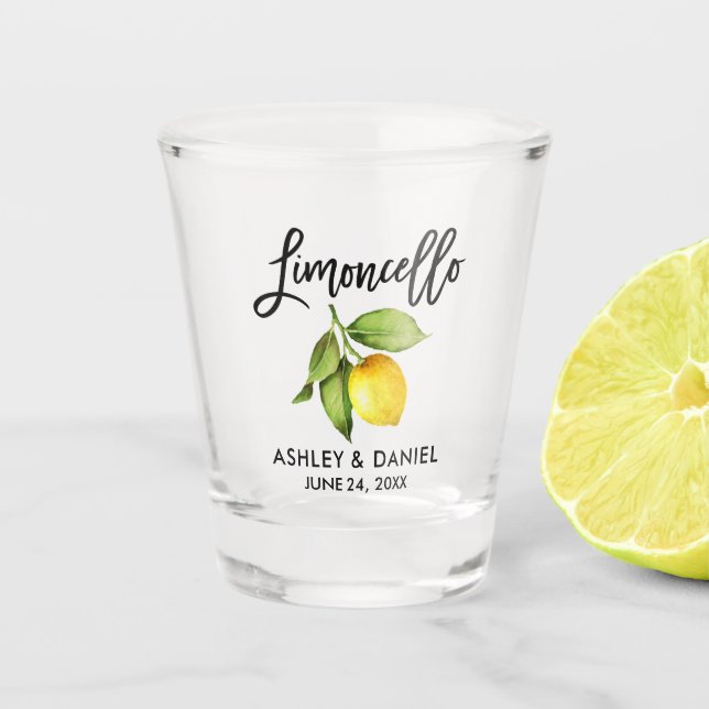 Brush Script Watercolor Lemon Wedding Limoncello Shot Glass (Front)