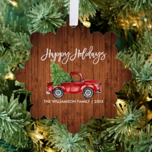 Brush Script Watercolor Red Truck Rustic Holiday Ornament Card