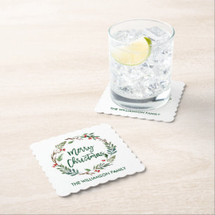 Brush Script Watercolor Wreath Merry Christmas Paper Coaster