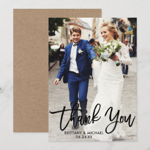 Brush Script Wedding Photo Kraft Thank You Card B