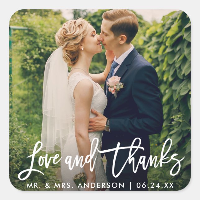 Brush Script Wedding Photo Love and Thanks Modern Square Sticker (Front)
