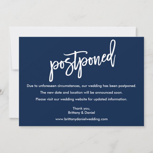 Brush Script Wedding Postponed Navy Blue Card (Front)