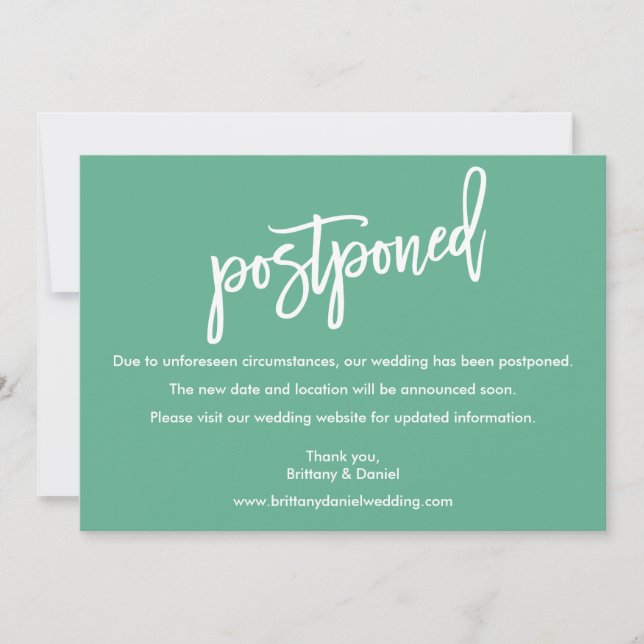 Brush Script Wedding Postponed Neo Mint Card (Front)