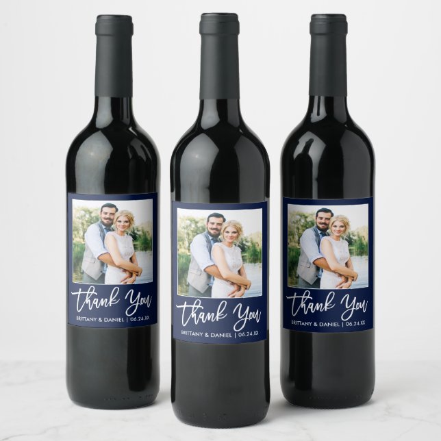 Brush Script Wedding Thank You Blue Photo Wine Label (Bottles)