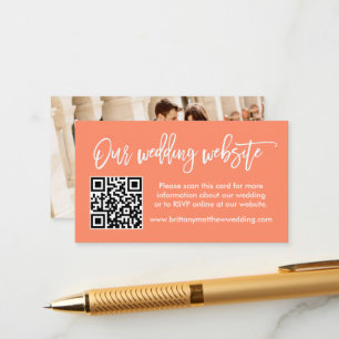 Brush Script Wedding Website QR Photo Coral Enclosure Card