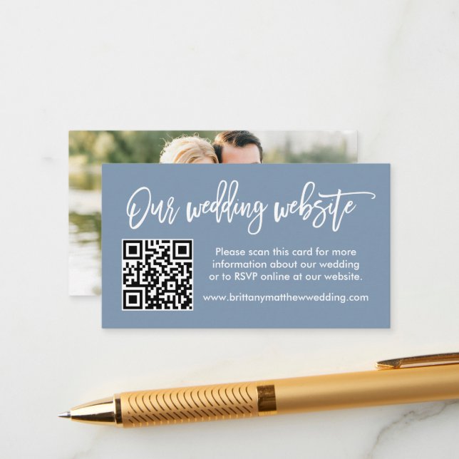 Brush Script Wedding Website QR Photo Dusty Blue Enclosure Card (Front/Back In Situ)