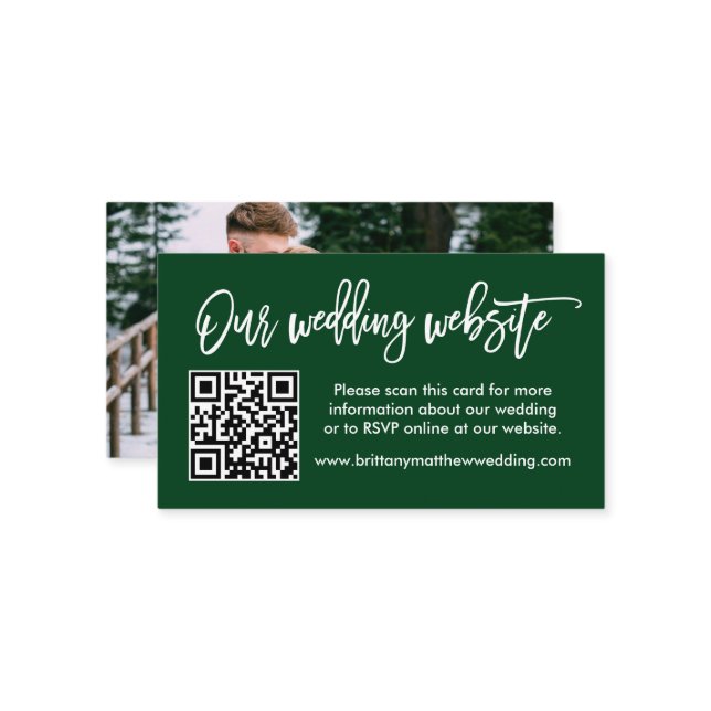 Brush Script Wedding Website QR Photo Green Enclosure Card (Front/Back In Situ)
