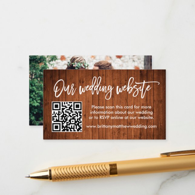 Brush Script Wedding Website QR Wood Photo Enclosure Card (Front/Back In Situ)