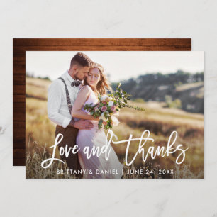 Brush Script Wedding Wood Love and Thanks Card