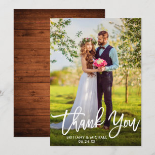 Brush Script Wedding Wood Photo Thank You Card W