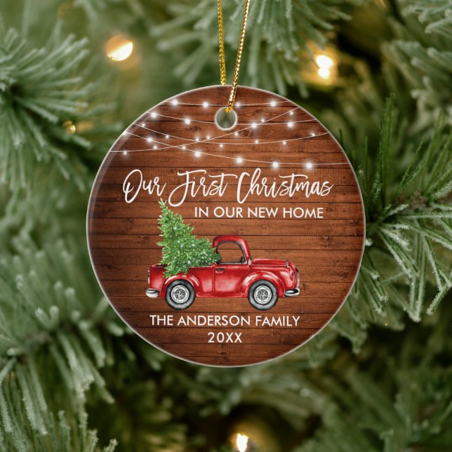 Brush Script Wood 1st Christmas Home Truck Lights Ceramic Ornament (Tree)