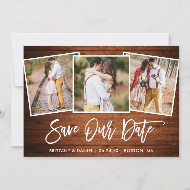 Brush Script Wood 3 Photo Save Our Date Card (Front)