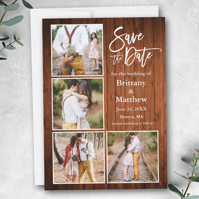 Brush Script Wood 4 Photo Engagement Save The Date (Customize to change your personalized text size, style or to add more text & photos to back of card.)