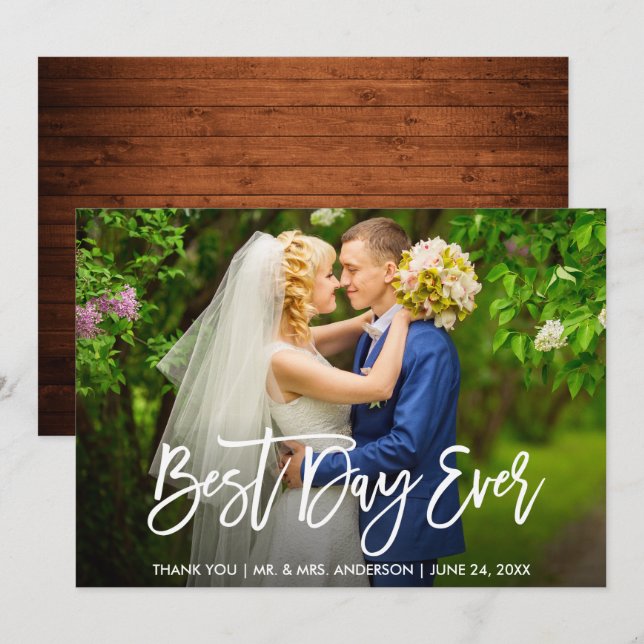 Brush Script Wood Best Day Ever Wedding Card (Front/Back)
