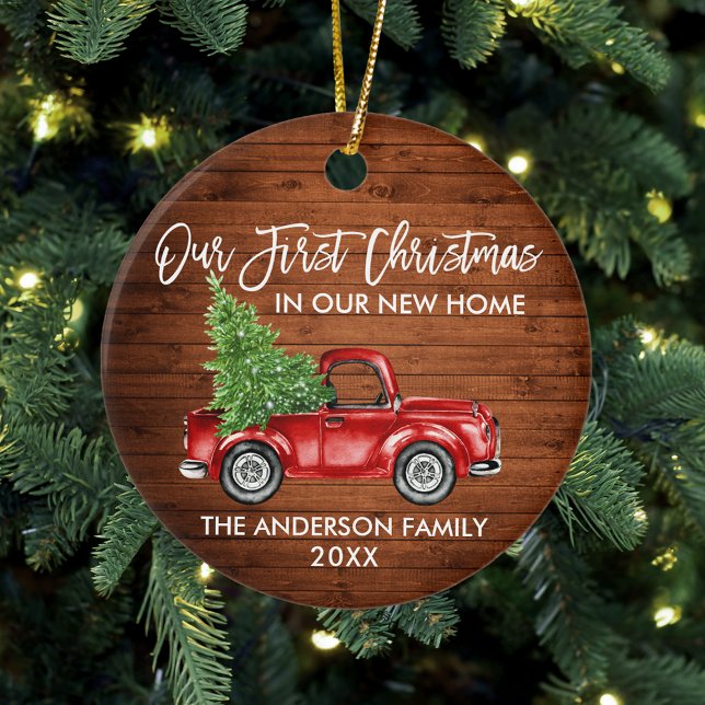Brush Script Wood First Christmas New Home Truck Ceramic Ornament (Customize your personalized text size or color on front and back.)