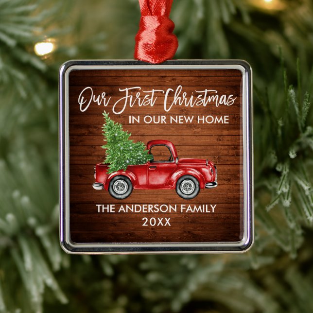 Brush Script Wood First Christmas New Home Truck Metal Ornament (Tree)