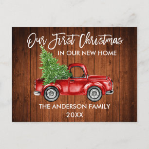 Brush Script Wood First Christmas New Home Truck Postcard