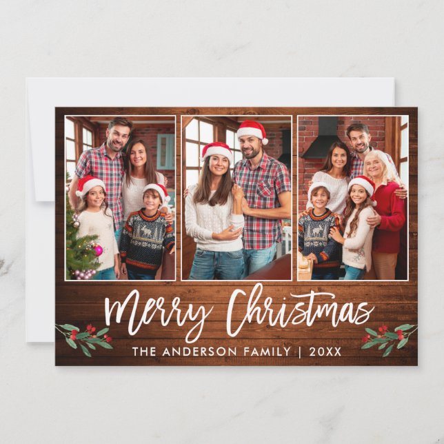 Brush Script Wood Greenery 3 Photo Christmas Holiday Card (Front)