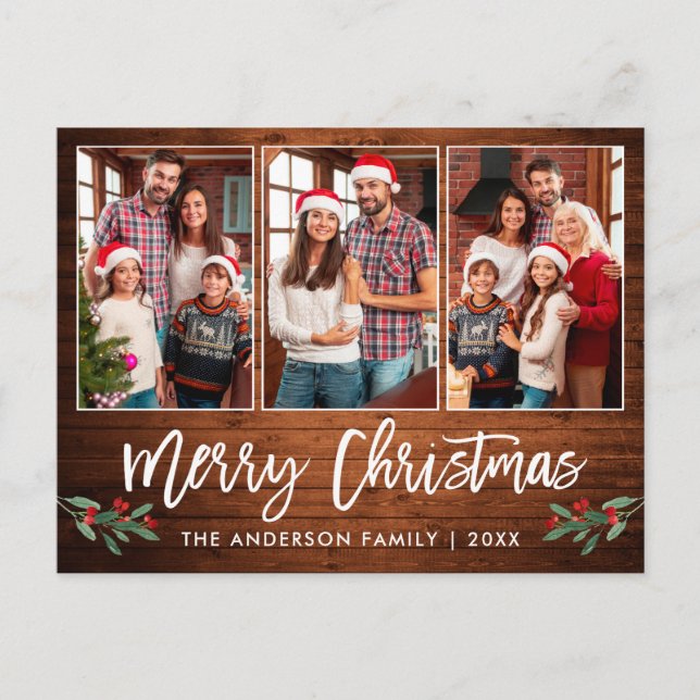Brush Script Wood Greenery 3 Photo Christmas Postcard (Front)