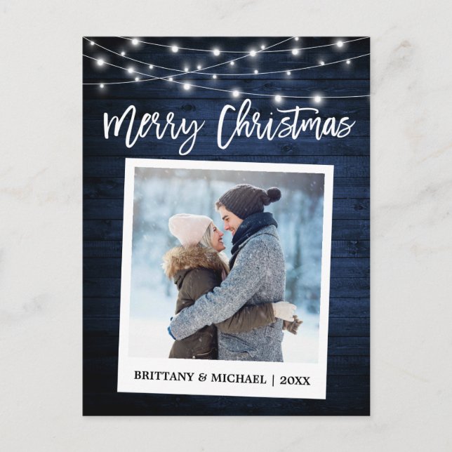 Brush Script Wood Instant Camera Couple Christmas Postcard (Front)
